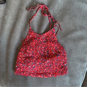 Urban Outfitters Red Floral Smocked Halter Crop Top